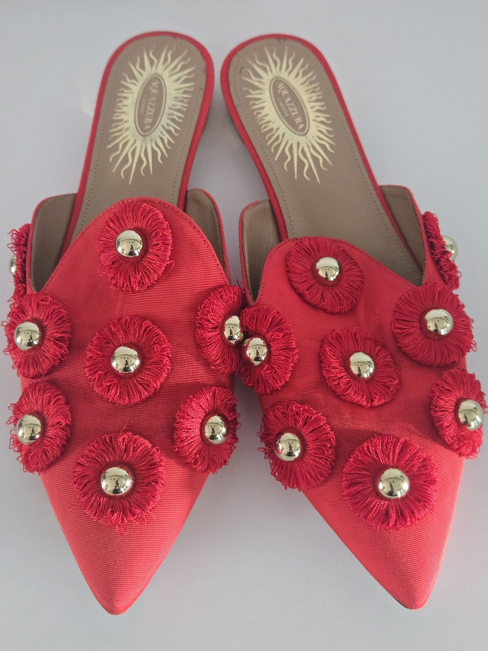 Aquazzura Sunflower Studded Embellished Fringe Slip On Mules Flats 6.5